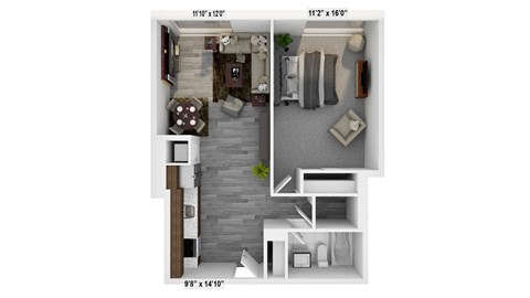 Floor plan for 1 bed, 1 bath, 641 sqft